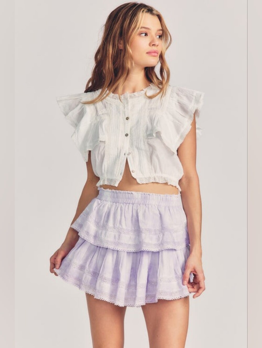 LoveShackFancy Lilac Tiered Lace Skirt